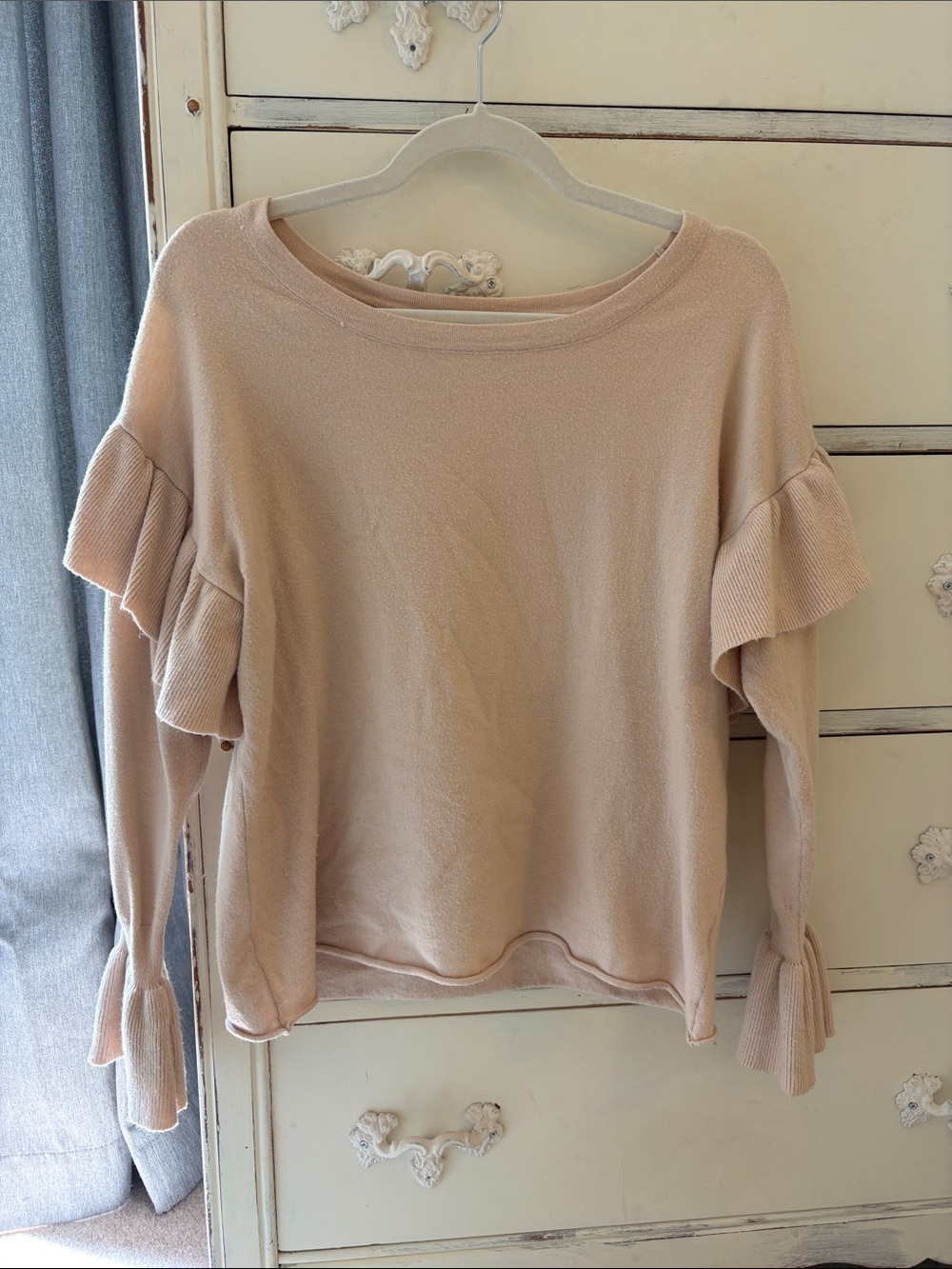 Umgee Beige Ruffle Sleeve Crewneck Sweatshirt